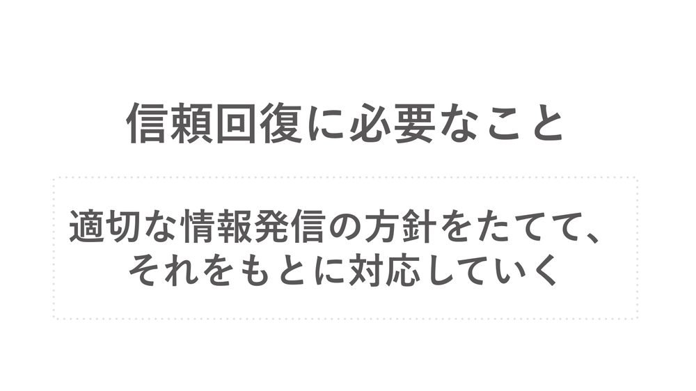 信頼回復に必要なこと 適切な情報発信の方針をたてて、 それをもとに対応していく