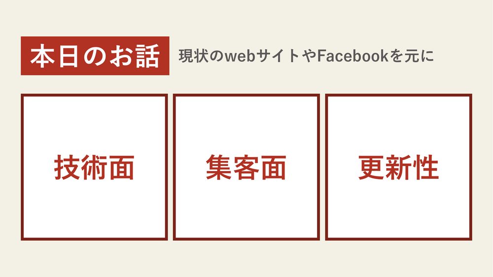本日のお話 技術面 現状のwebサイトやFacebookを元に 集客面 更新性
