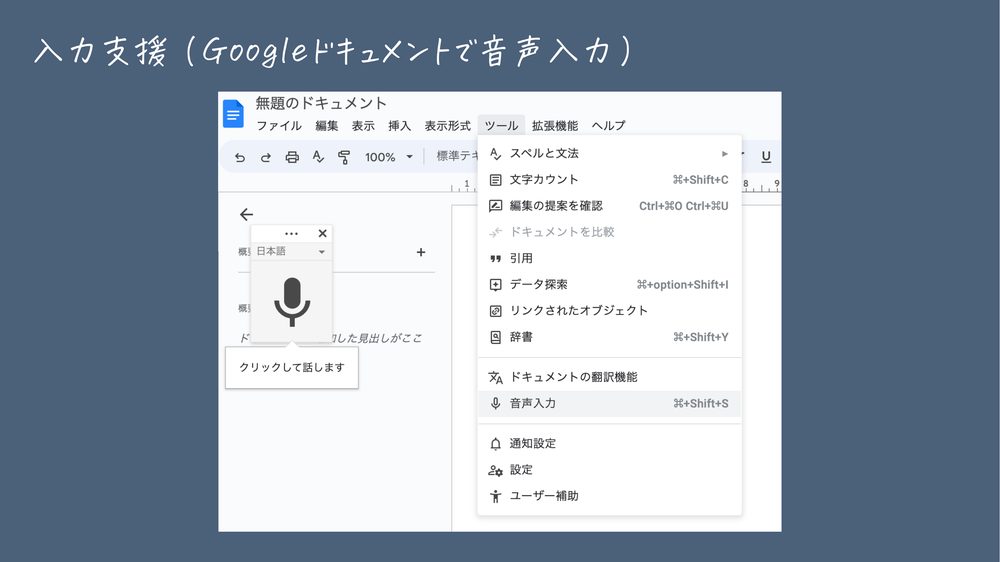 入力支援(Googleドキュメントで音声入力)