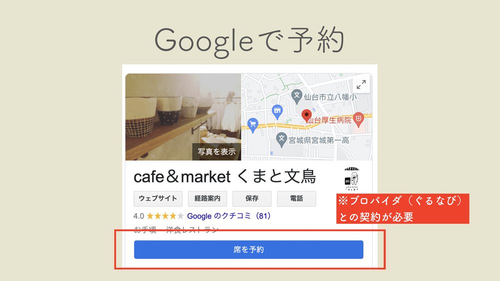 Googleで予約 ※ブロバイダ(ぐるなび) との契約が必要