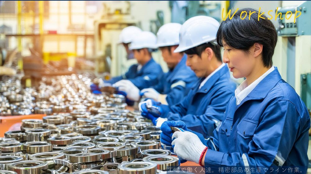 Workshop 工場で働く人達。精密部品の生産でライン作業。