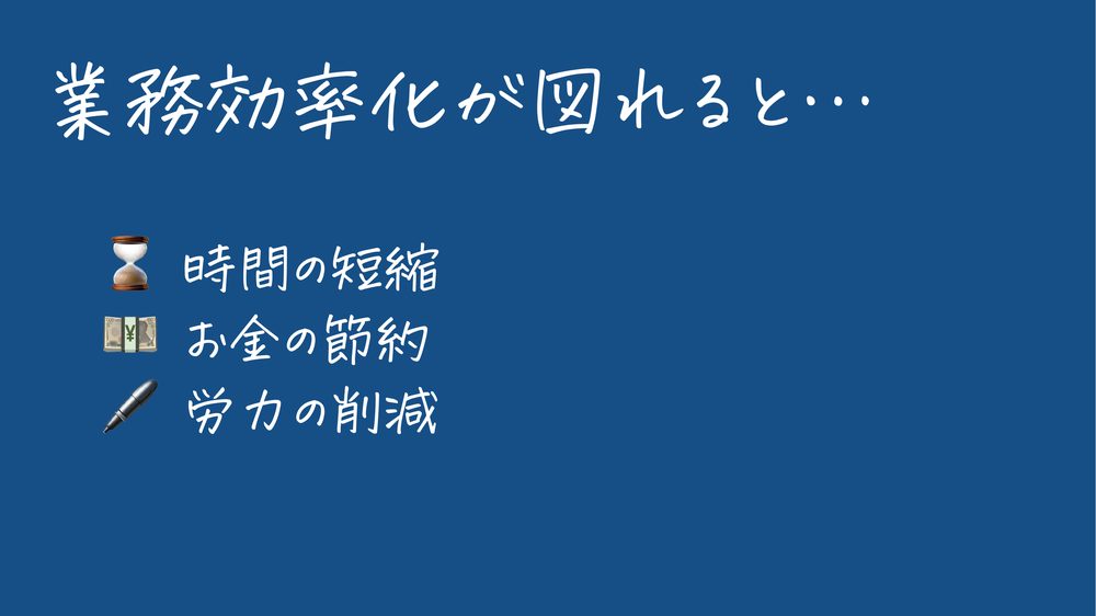 業務効率化が図れると… ⌛ 時間の短縮 💴 お金の節約 🖊 労力の削減