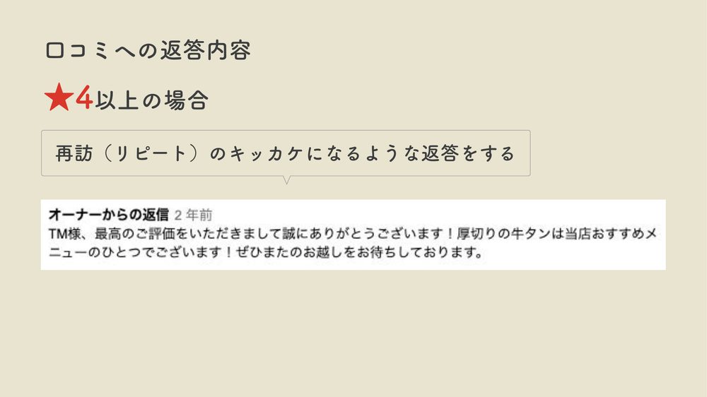 口コミへの返答内容 ★4以上の場合 再訪(リピート)のキッカケになるような返答をする