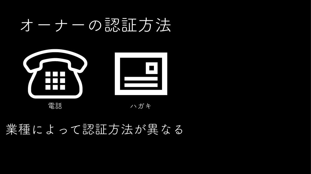 オーナーの認証方法 電話 ハガキ 業種によって認証方法が異なる