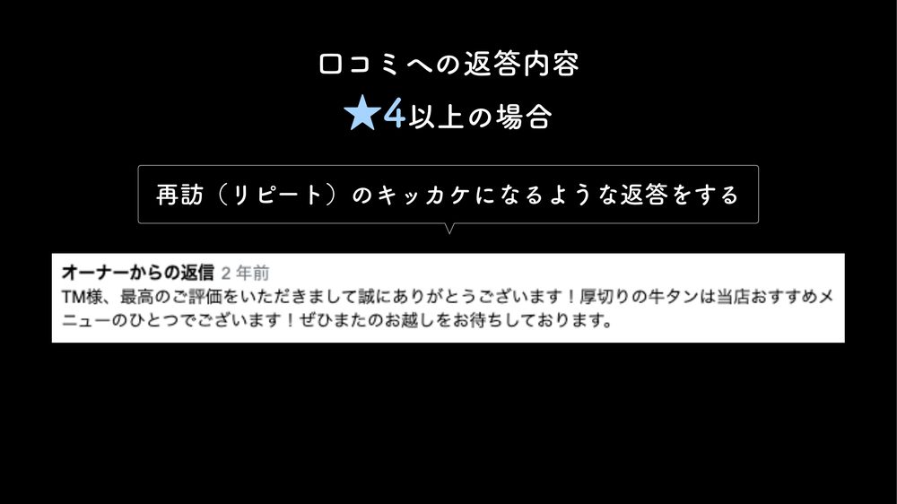 口コミへの返答内容 ★4以上の場合 再訪(リピート)のキッカケになるような返答をする