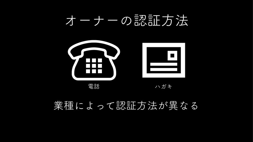 オーナーの認証方法 電話 ハガキ 業種によって認証方法が異なる
